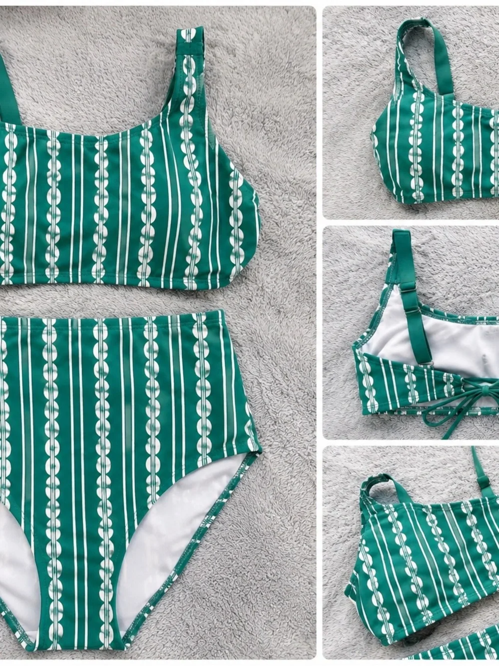 Kona Sol Green Striped Two-Piece High-Waist Swim Set